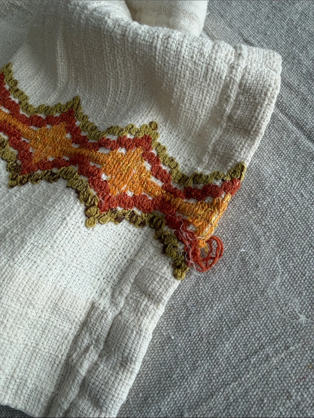 1970’s Boho MCM Cafe Curtain Valances in Cream & Embroidered Oranges and Green